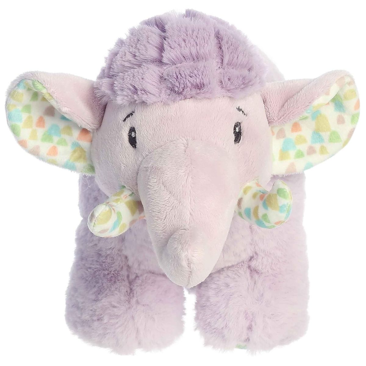 Straight front view of the purple Whitley Woolly Mammoth plush showing its trunk, patterned tusks, and fluffy head tuft.