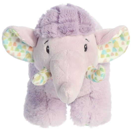 Straight front view of the purple Whitley Woolly Mammoth plush showing its trunk, patterned tusks, and fluffy head tuft.