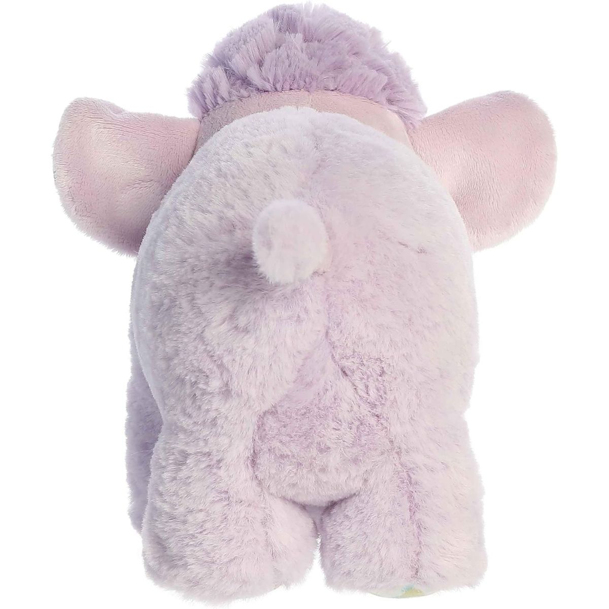 Back view of the purple mammoth stuffed animal highlighting its plump body and small tail.