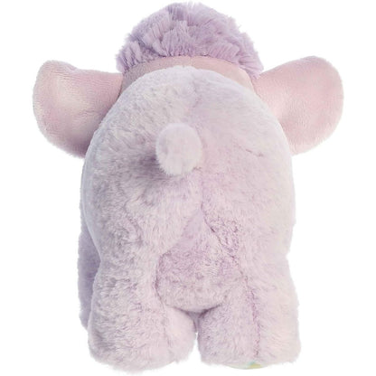 Back view of the purple mammoth stuffed animal highlighting its plump body and small tail.
