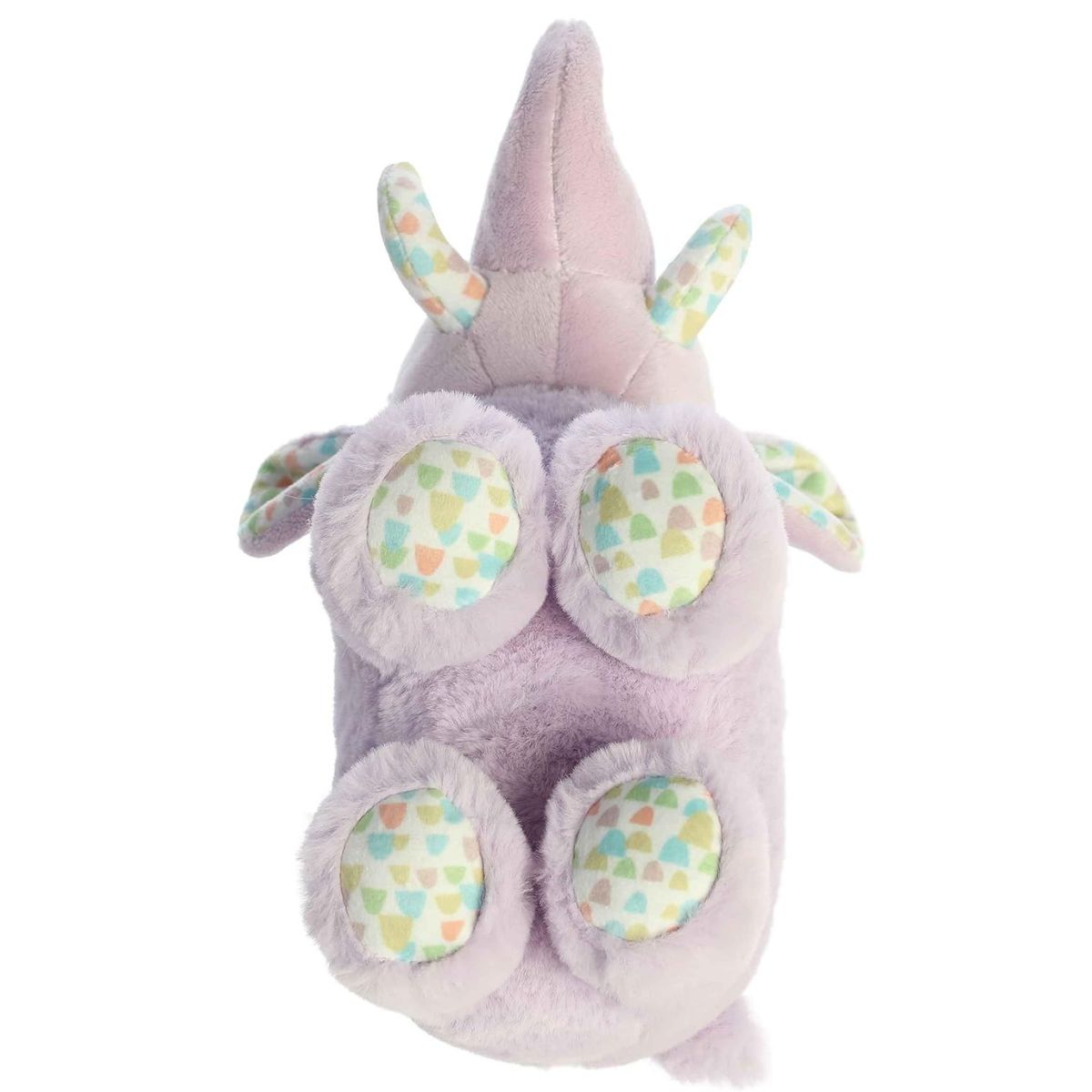 Bottom view of the Whitley Woolly Mammoth plush showcasing the matching pastel patterned fabric on its four footpads.