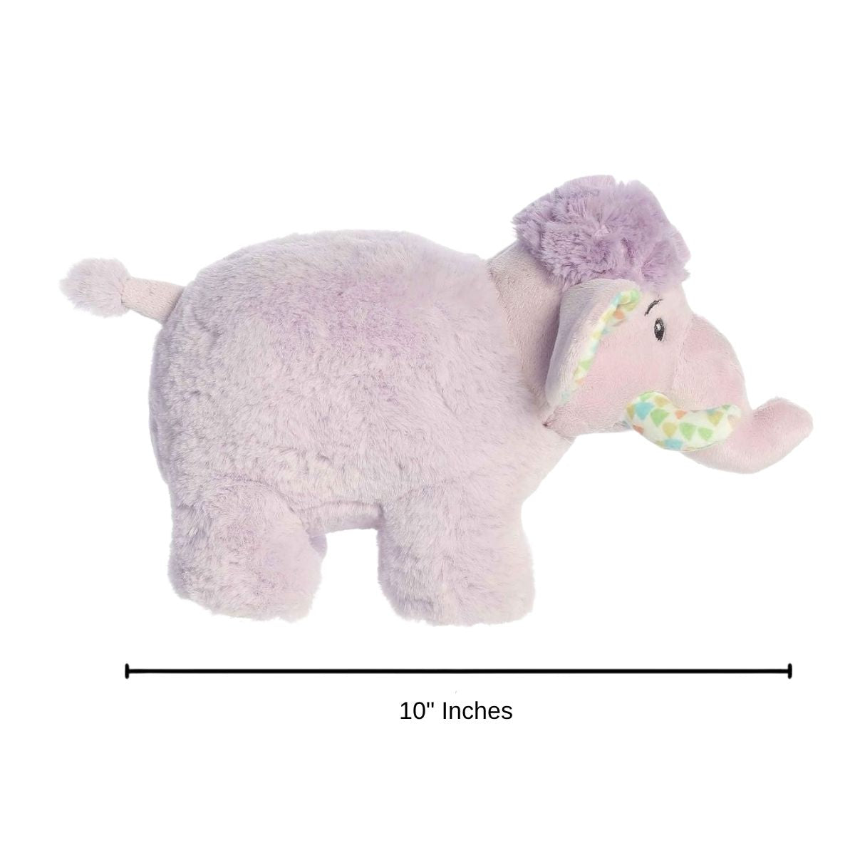 Side profile view of the purple mammoth plush standing alongside a measurement line indicating its 10-inch length.