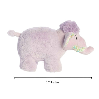 Side profile view of the purple mammoth plush standing alongside a measurement line indicating its 10-inch length.