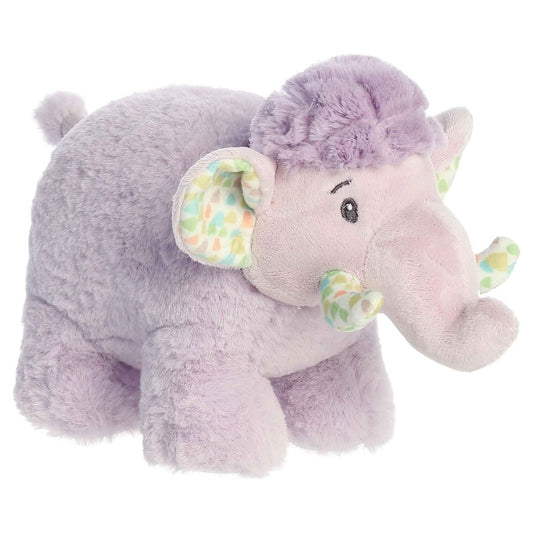 Angled side view of the 10-inch Aurora Softiesaurus Whitley Woolly Mammoth plush featuring light purple fur and patterned ears.