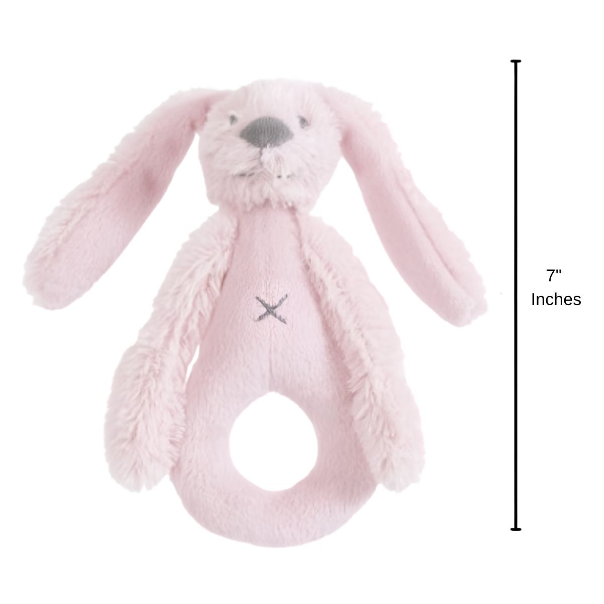 Happy Horse Rabbit Richie pink plush rattle standing upright with a 7-inch height indicator graphic.