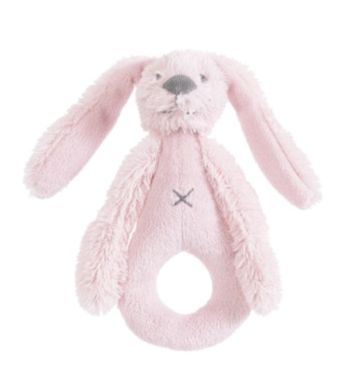 Happy Horse Rabbit Richie soft pink plush ring rattle with long floppy ears against a white background.