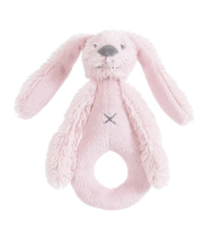 Happy Horse Rabbit Richie soft pink plush ring rattle with long floppy ears against a white background.