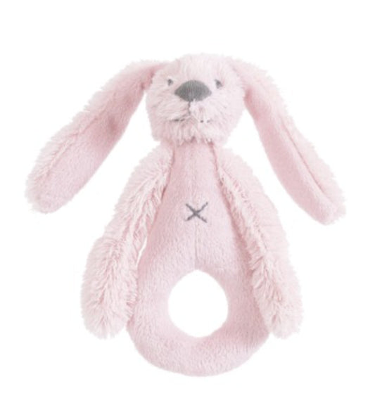 Happy Horse Rabbit Richie soft pink plush ring rattle with long floppy ears against a white background.