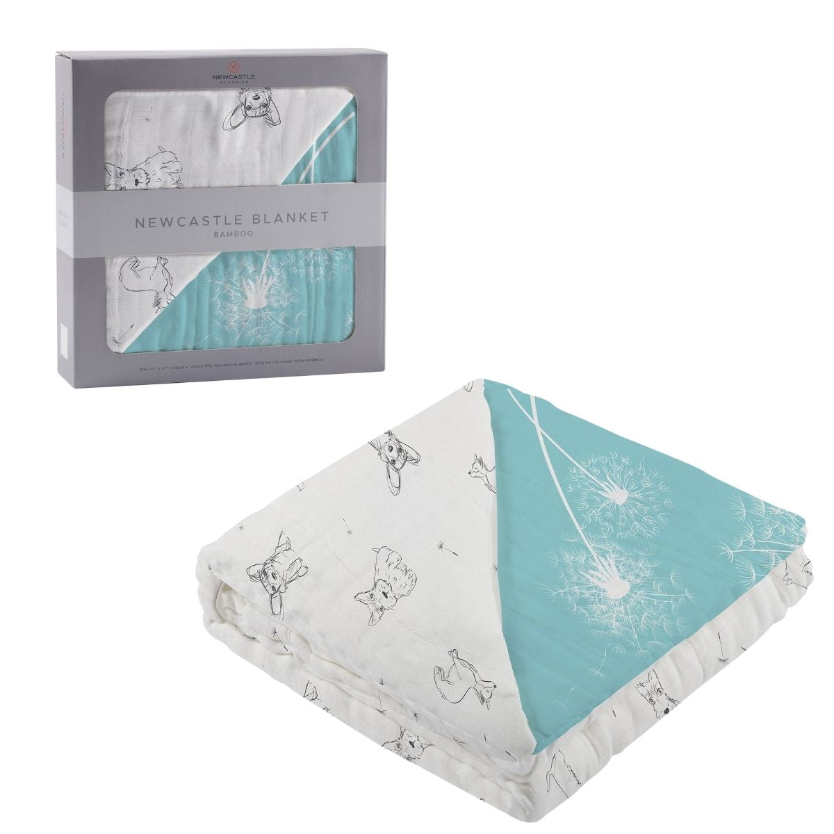 A folded Newcastle Classics Corgi puppy and aqua dandelion print bamboo muslin blanket next to its grey retail window box.