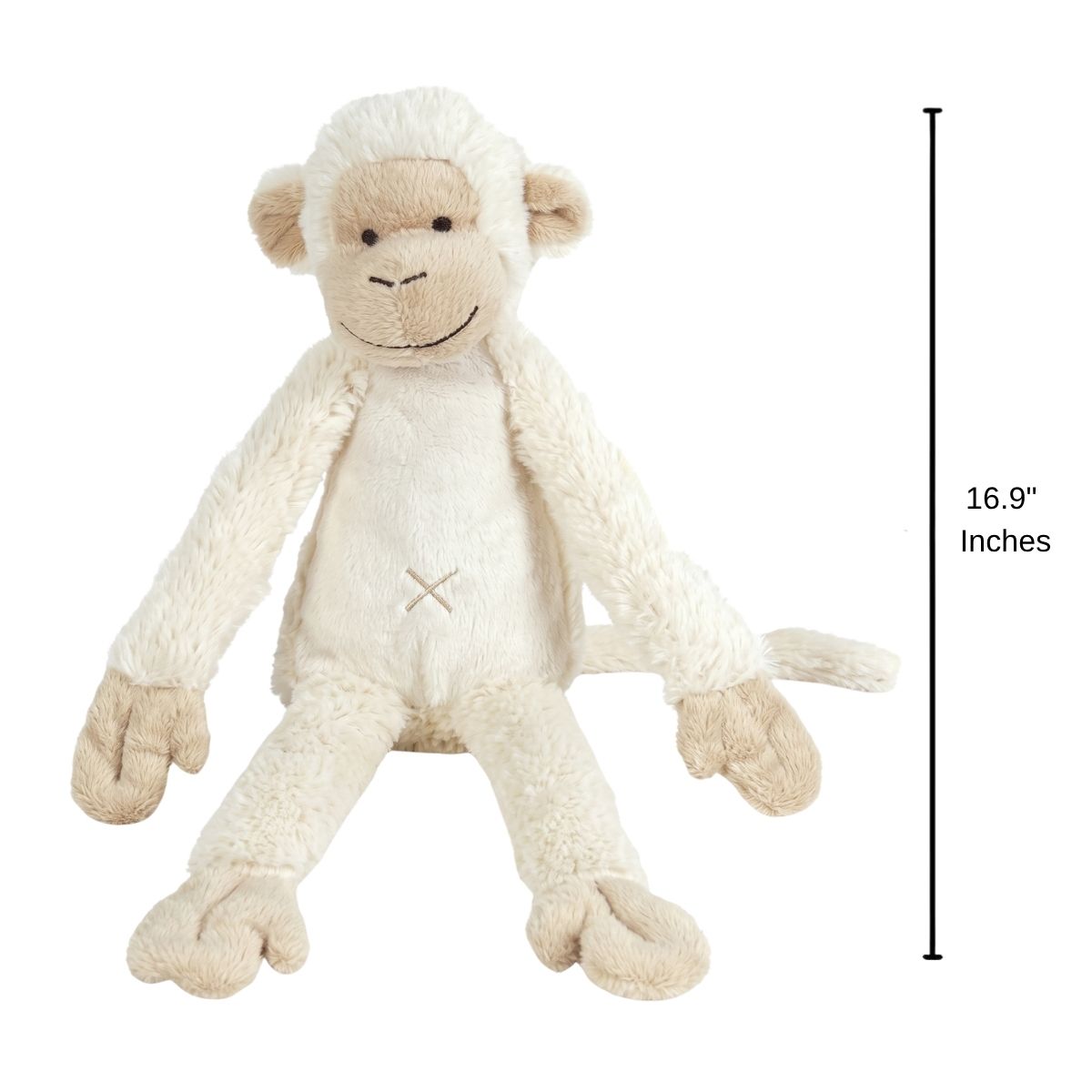 Happy Horse Monkey Mickey plush monkey sitting upright with a 16.9-inch height indicator graphic next to it.