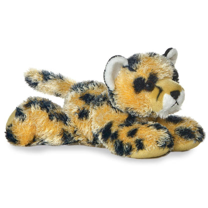 Angled front view of the Aurora Mini Flopsie Streak the Cheetah 8-inch plush resting on its belly, featuring spotted orange fur.