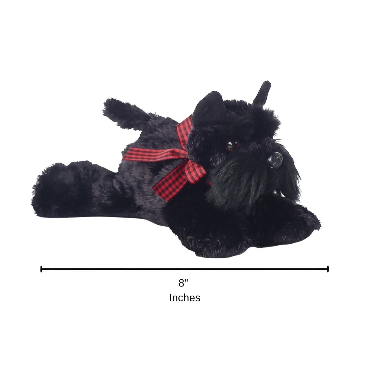 Sizing graphic for the Aurora Mini Flopsie Scotty the Scottish Terrier plush resting on its belly, indicating a total length of 8 inches.