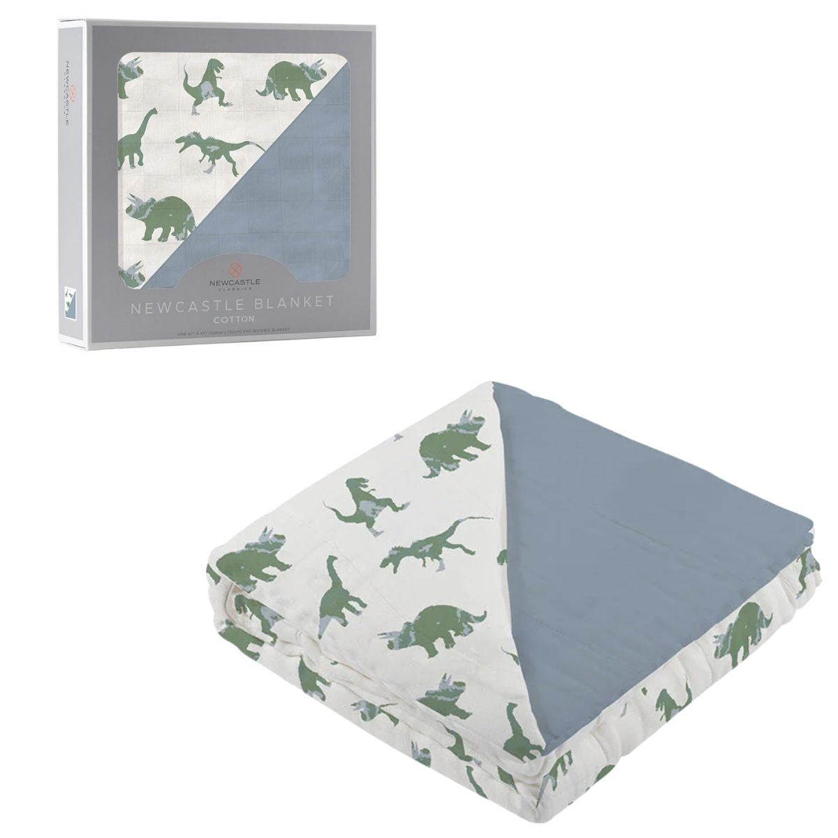 A folded Newcastle Classics green dinosaur and blue fog solid reversible cotton muslin blanket next to its grey retail window box.