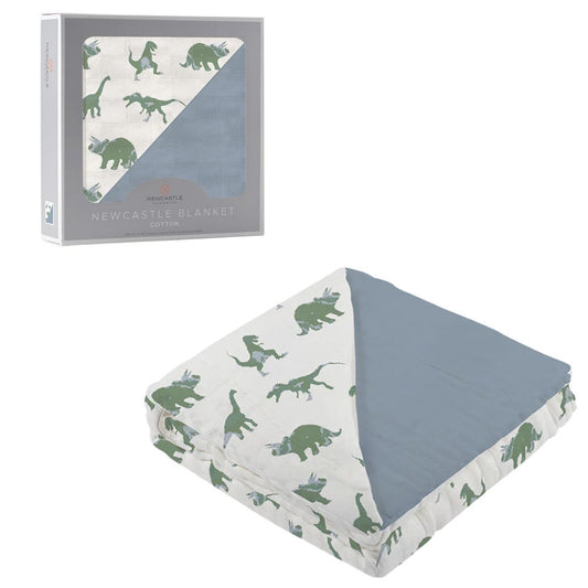 A folded Newcastle Classics green dinosaur and blue fog solid reversible cotton muslin blanket next to its grey retail window box.