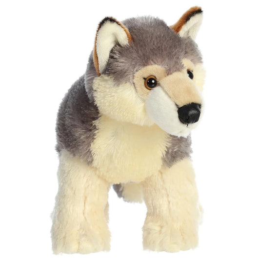 Straight-on front view of the soft wolf plush showing its sweet face, perky ears, and black nose.