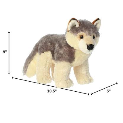 Angled side profile of the Wily Wolf plush standing with measurement graphics indicating it is 10.5 inches long, 9 inches tall, and 5 inches wide.