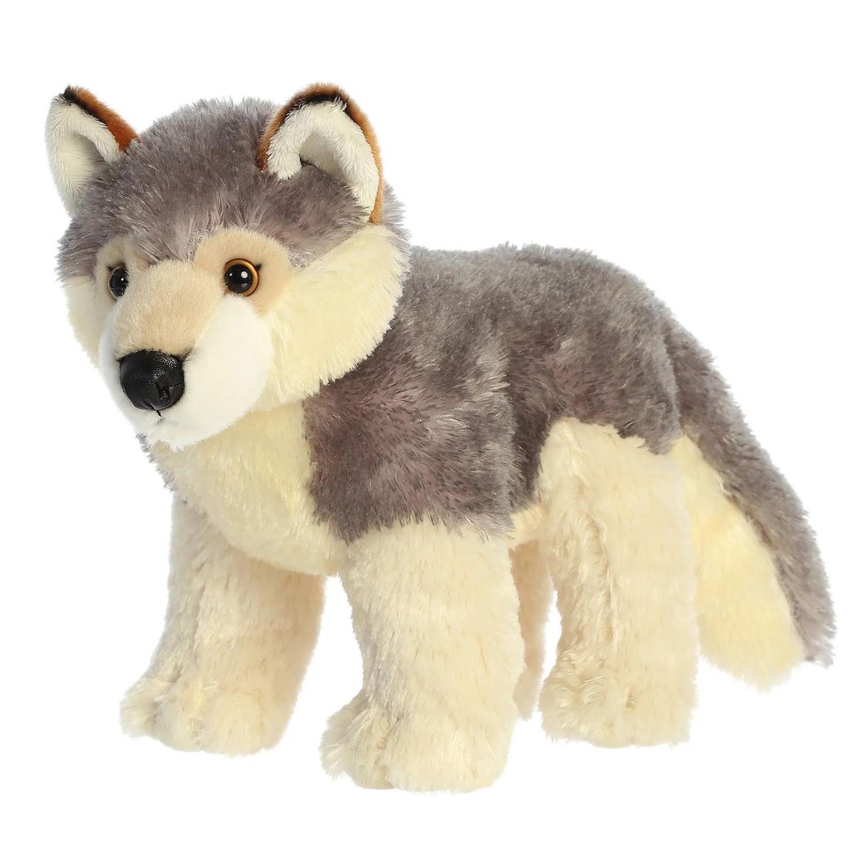 Angled front view of the 10.5-inch Aurora Flopsie Wily the Wolf stuffed animal standing on all four paws, showing its grey and cream fur.