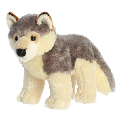 Angled front view of the 10.5-inch Aurora Flopsie Wily the Wolf stuffed animal standing on all four paws, showing its grey and cream fur.