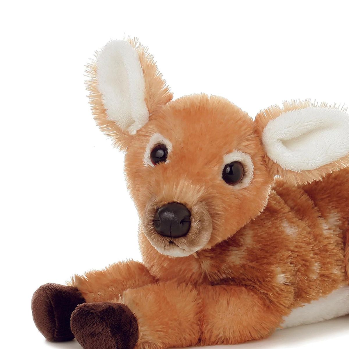 Close-up front view of the baby deer stuffed animal highlighting its sweet face, dark nose, large eyes, and fluffy white inner ears.