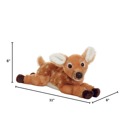 Angled side profile of the Aurora Flopsie fawn plush with dimension lines indicating its 11-inch length, height, and width.