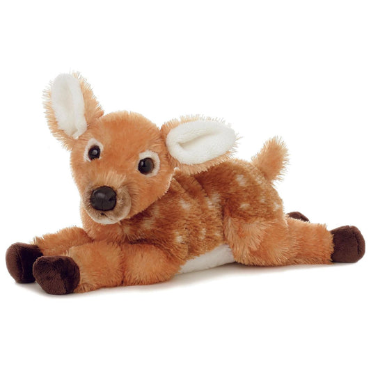 Angled front view of the Aurora Flopsie Farrah the Fawn 11-inch plush resting on its belly, featuring soft brown fur with white spots and dark brown hooves.