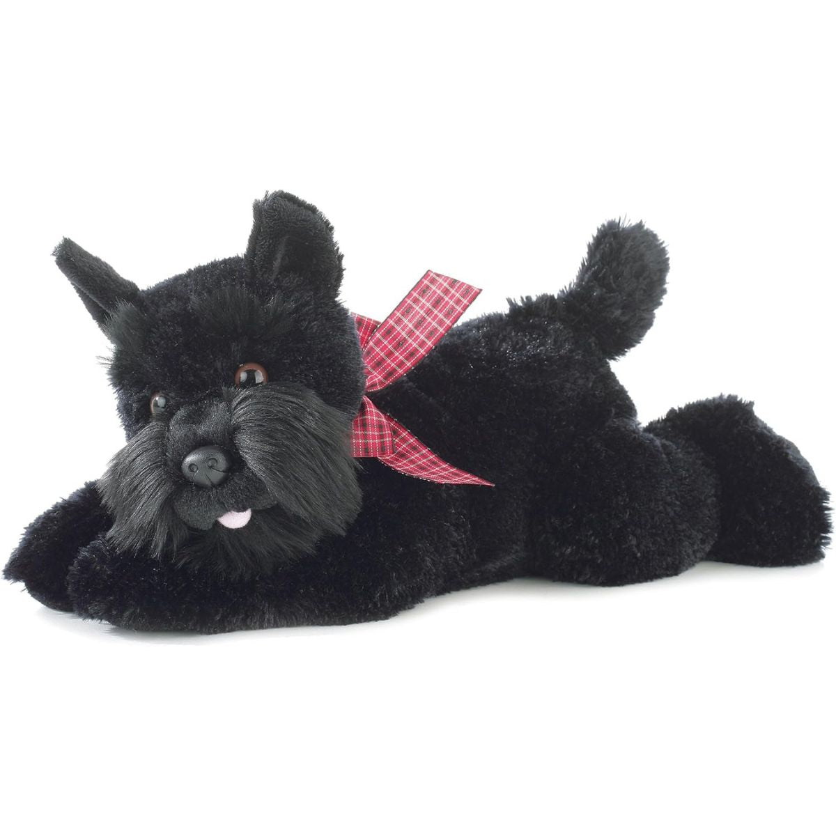 Angled side view of the Aurora Flopsie Mr. Nick the Scottish Terrier 12-inch plush resting on its belly, featuring black fur and a red plaid ribbon.