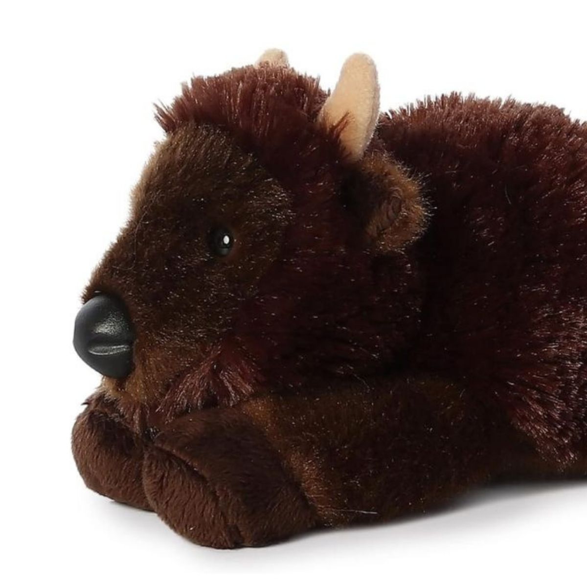 Close-up front angle of the bison stuffed animal highlighting its fluffy shoulder mane, black snout, and smooth curved horns.