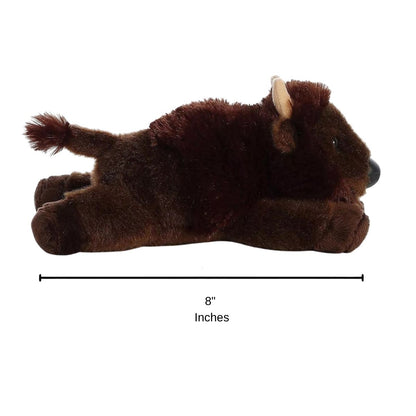 Full side profile view of the resting brown buffalo plush with a dimension line indicating its 8-inch length.