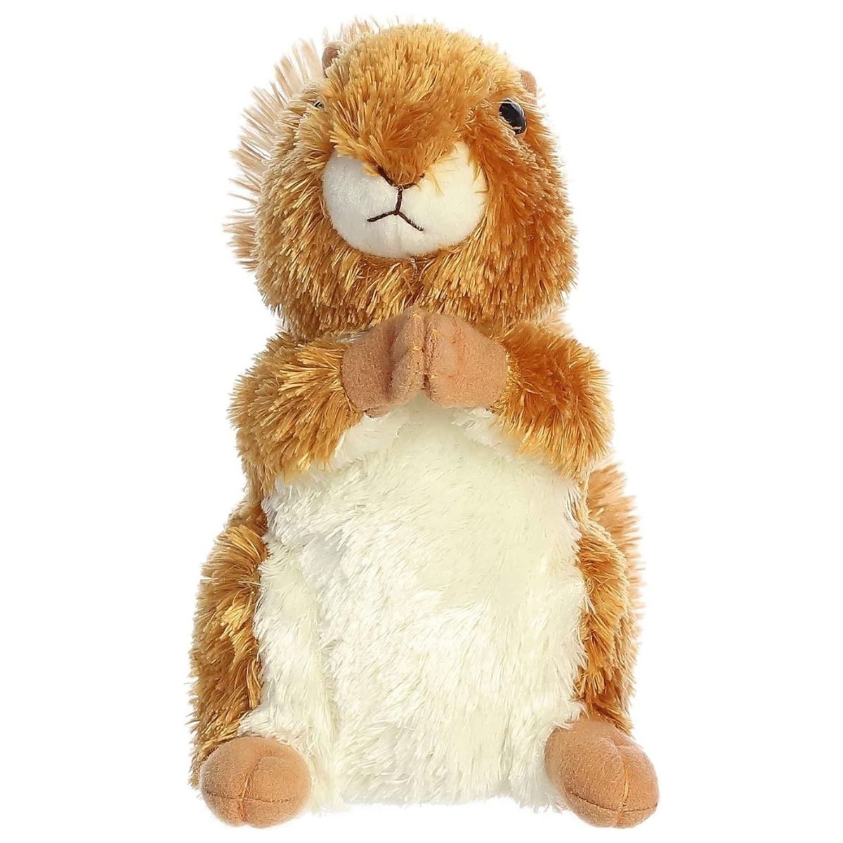Straight-on front view of the red squirrel stuffed animal highlighting its cream-colored belly and cute tucked paws.