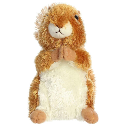 Straight-on front view of the red squirrel stuffed animal highlighting its cream-colored belly and cute tucked paws.