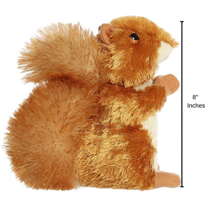 Side profile of the red squirrel plush with a dimension line indicating its 8-inch height.