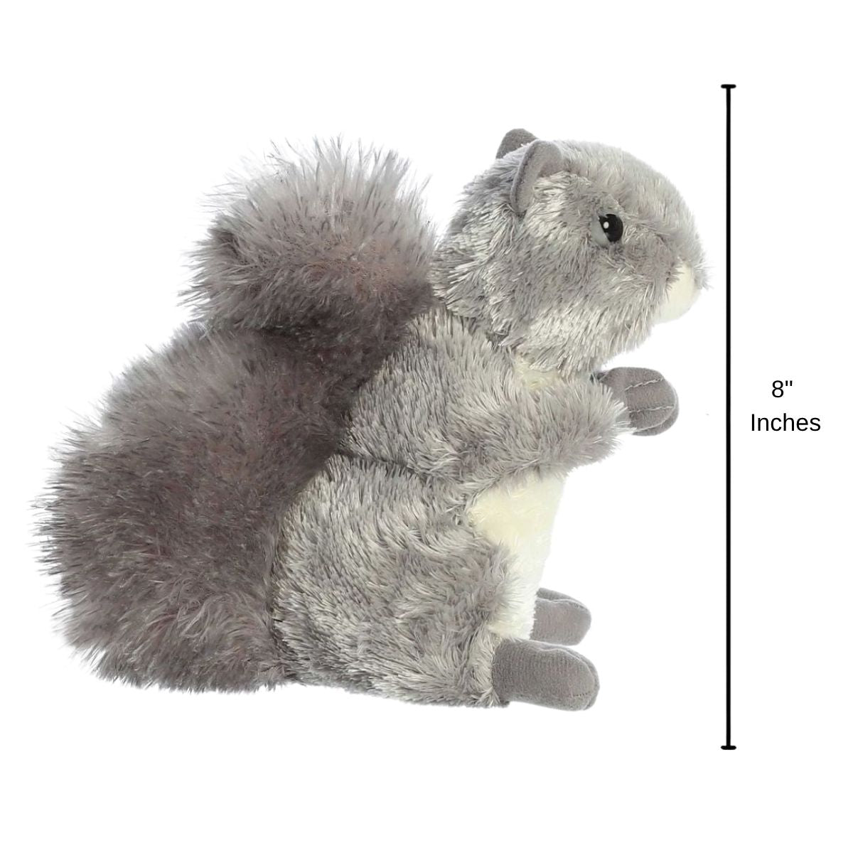 Side profile of the Nutty Squirrel plush with a dimension line indicating its 8-inch height.