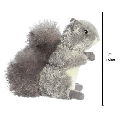 Side profile of the Nutty Squirrel plush with a dimension line indicating its 8-inch height.