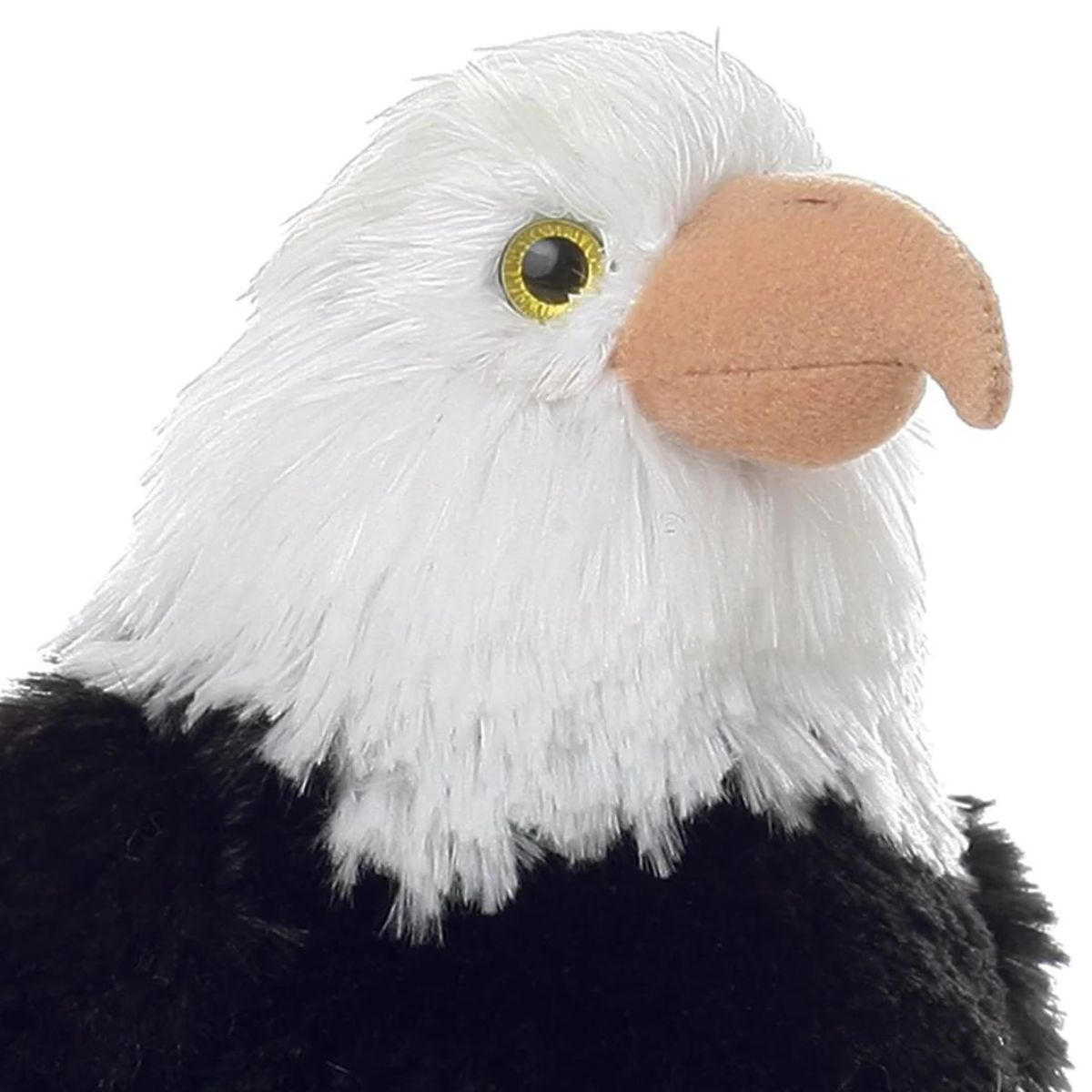 Close-up view of the eagle's head highlighting its snow-white fur, bright eyes, and signature curved yellow-gold beak.