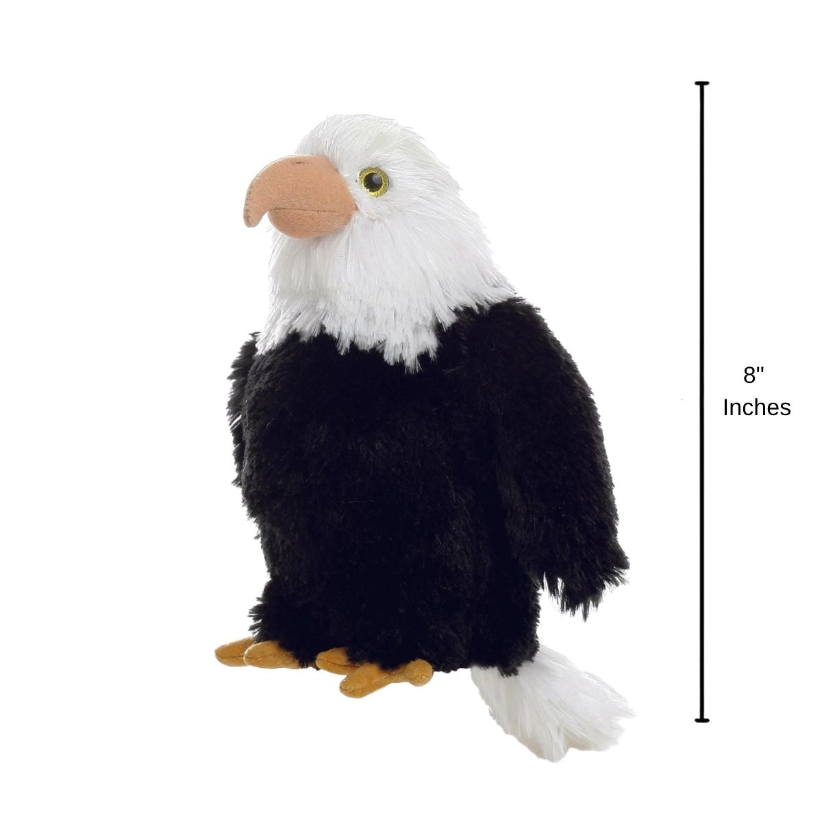 Side profile of the Aurora Mini Flopsie bald eagle plush with a dimension line indicating its 8-inch height.