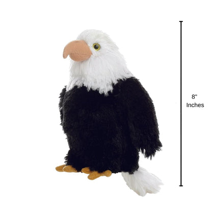 Side profile of the Aurora Mini Flopsie bald eagle plush with a dimension line indicating its 8-inch height.