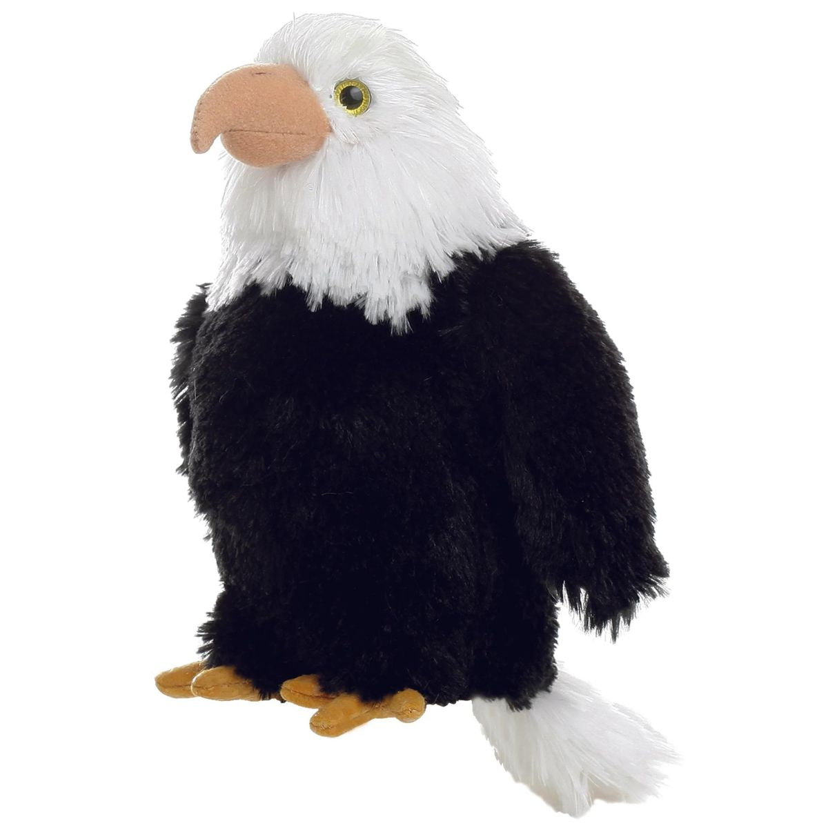 Side view of the Aurora Mini Flopsie Liberty the Bald Eagle 8-inch plush sitting upright, featuring a black body, white head, and yellow beak.