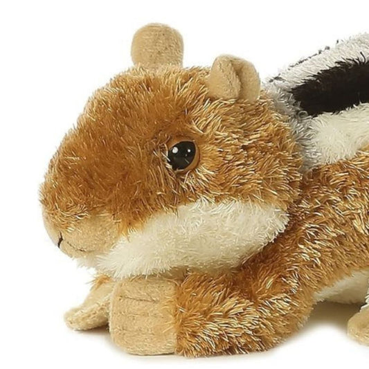 Close-up front angle of the chipmunk stuffed animal highlighting its sweet face, cream muzzle, and dark inquisitive eyes.