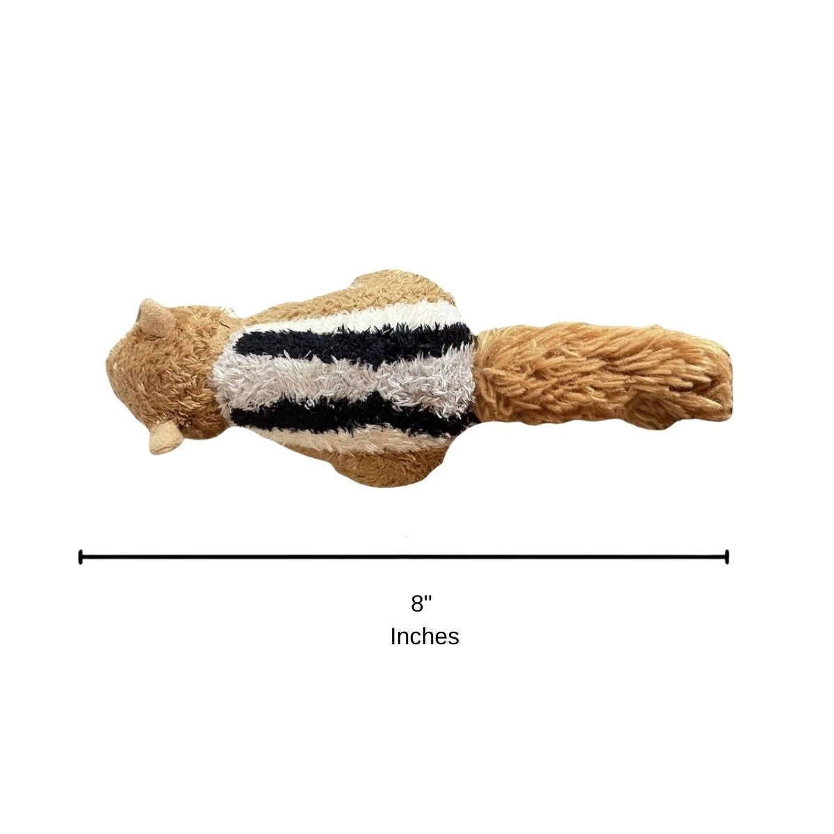 Overhead top-down view of the resting chipmunk plush showing its distinctive black and white back stripes with a dimension line indicating its 8-inch length.