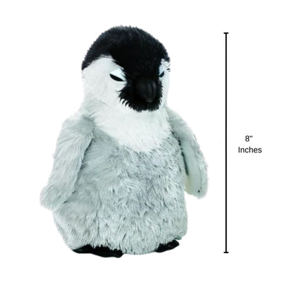 Angled front view of the Baby Emperor Penguin plush sitting upright with a measurement graphic indicating it is 8 inches tall.