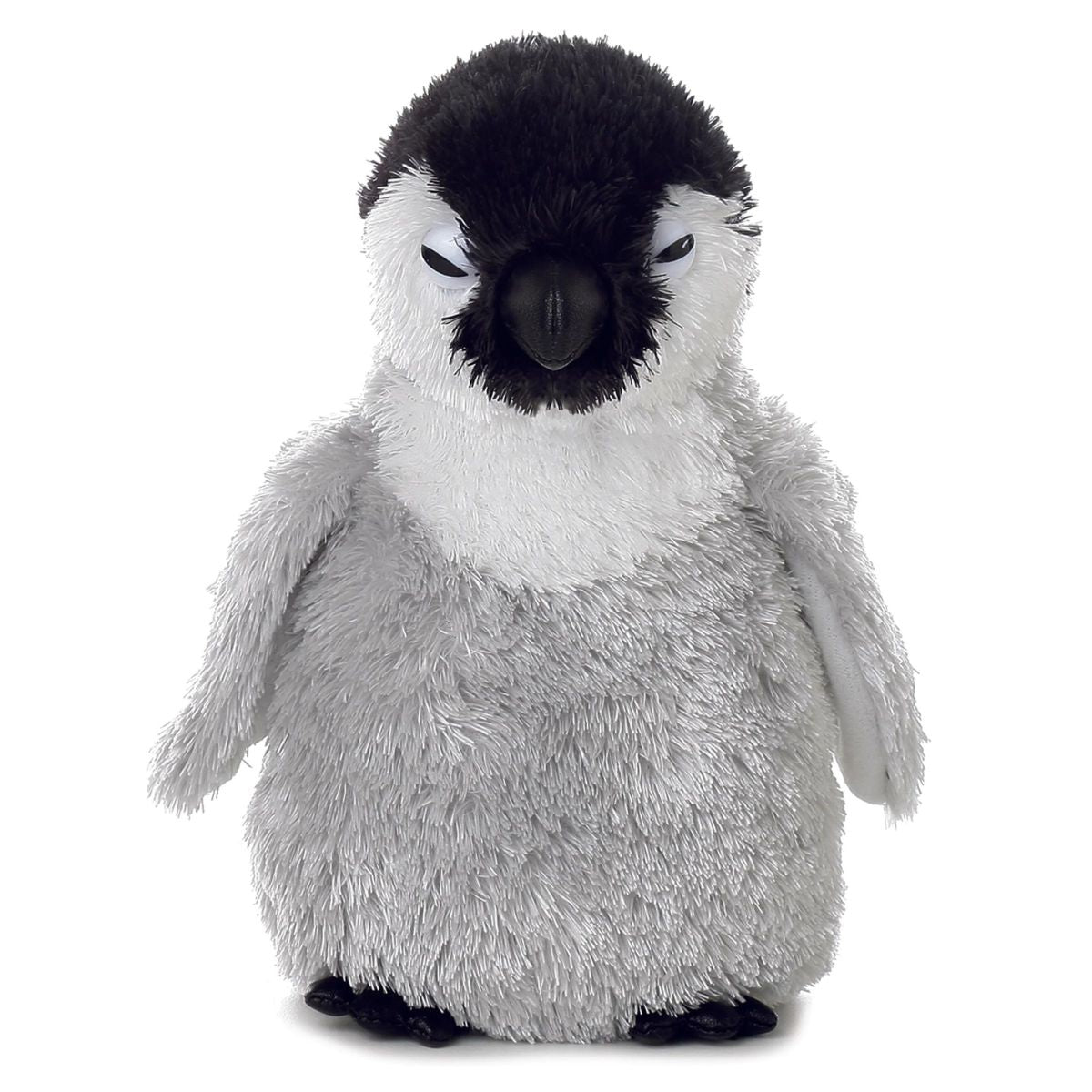 Straight-on front view of the 8-inch Aurora Mini Flopsie Baby Emperor Penguin stuffed animal sitting upright, showing its fluffy grey body and black head.