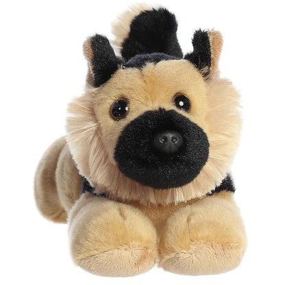 Straight-on front view of the soft German Shepherd plush showing its black muzzle, dark eyes, and fluffy neck.