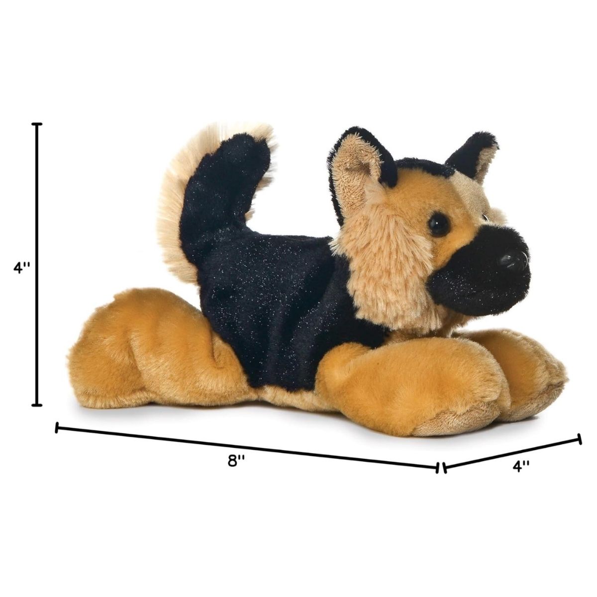 Side profile view of the Shep German Shepherd plush resting on its tummy with a measurement graphic indicating it is 8 inches long.