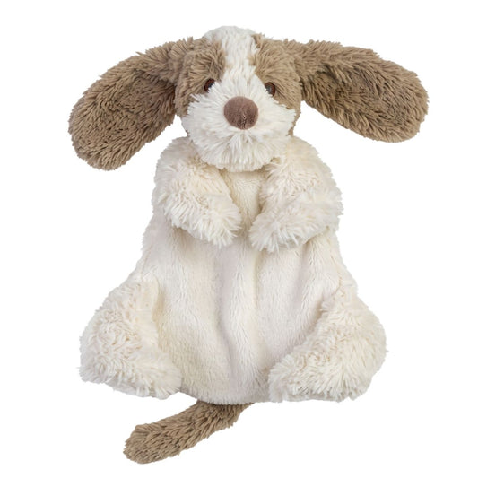 Happy Horse Dog David shaggy brown and white plush security tuttle blanket against a white background