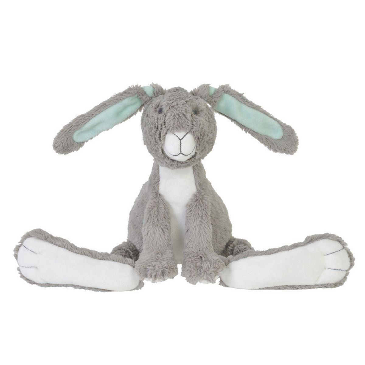 Happy Horse Rabbit Twine grey plush stuffed animal bunny with a white belly, oversized white feet, and mint green inner ears sitting against a white background.