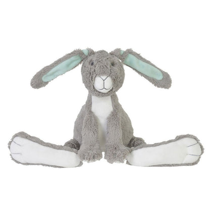 Happy Horse Rabbit Twine grey plush stuffed animal bunny with a white belly, oversized white feet, and mint green inner ears sitting against a white background.