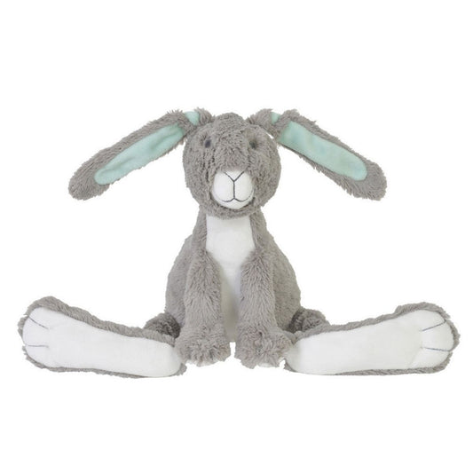 Happy Horse Rabbit Twine grey plush stuffed animal bunny with a white belly, oversized white feet, and mint green inner ears sitting against a white background.