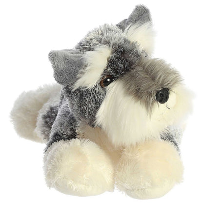 Straight front view of the Schnauzer dog stuffed animal highlighting its signature white eyebrows, beard, and dark eyes.