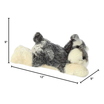 Angled side profile of the Aurora Flopsie Schnauzer dog plush with dimension lines indicating its 12-inch length.