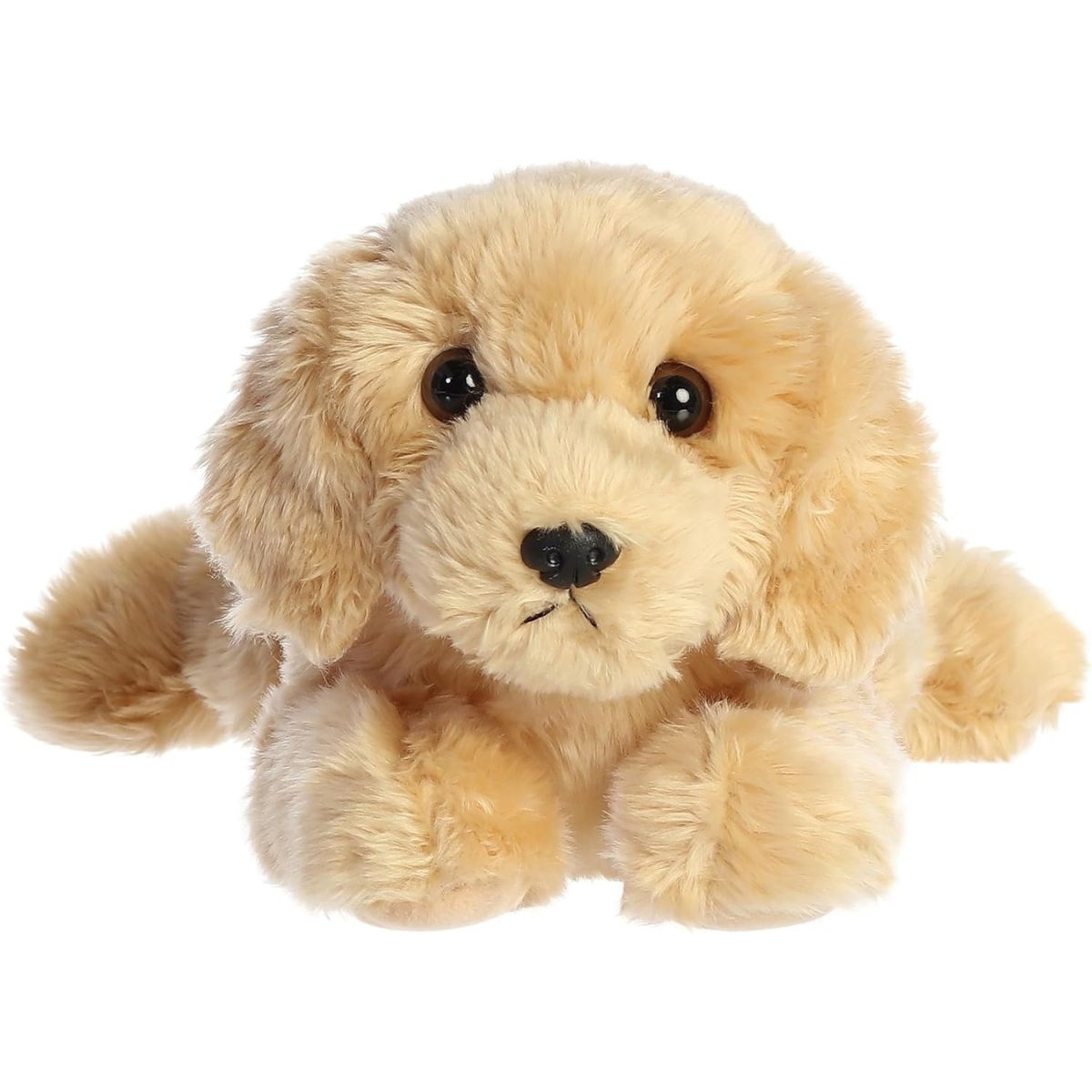 Straight-on front view of the soft Golden Retriever plush showing her face, floppy ears, and black nose.